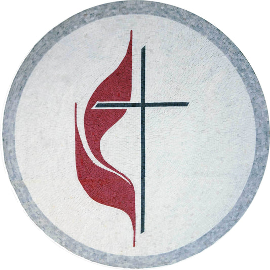 Methodist Cross & Flame Symbol – Handmade Marble Mosaic Religious Art - Mesh Backing