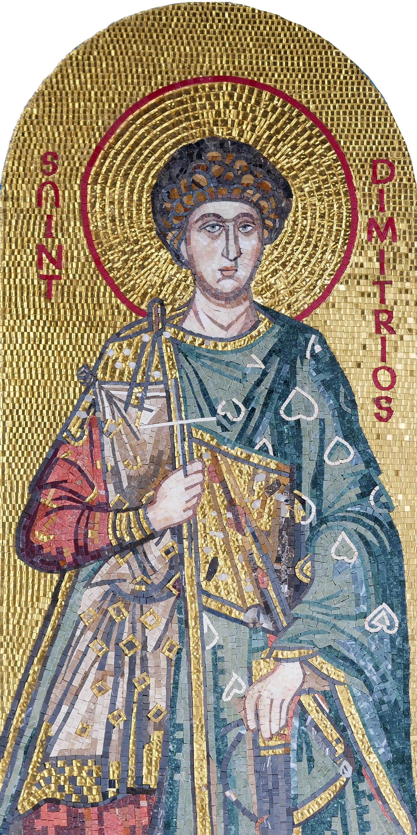 Saint Dimitrios Byzantine Icon – Handmade Gold Glass & Marble Mosaic Art - Mesh Backing
