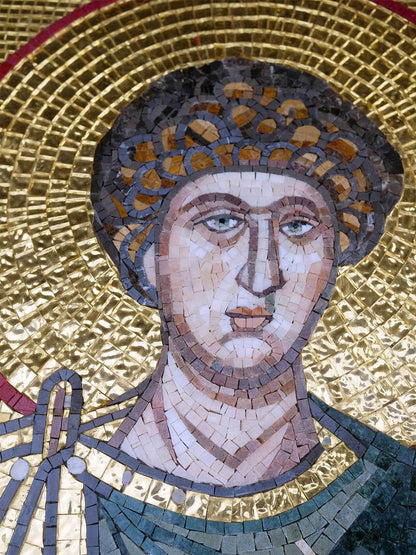 Saint Dimitrios Byzantine Icon – Handmade Gold Glass & Marble Mosaic Art - Mesh Backing