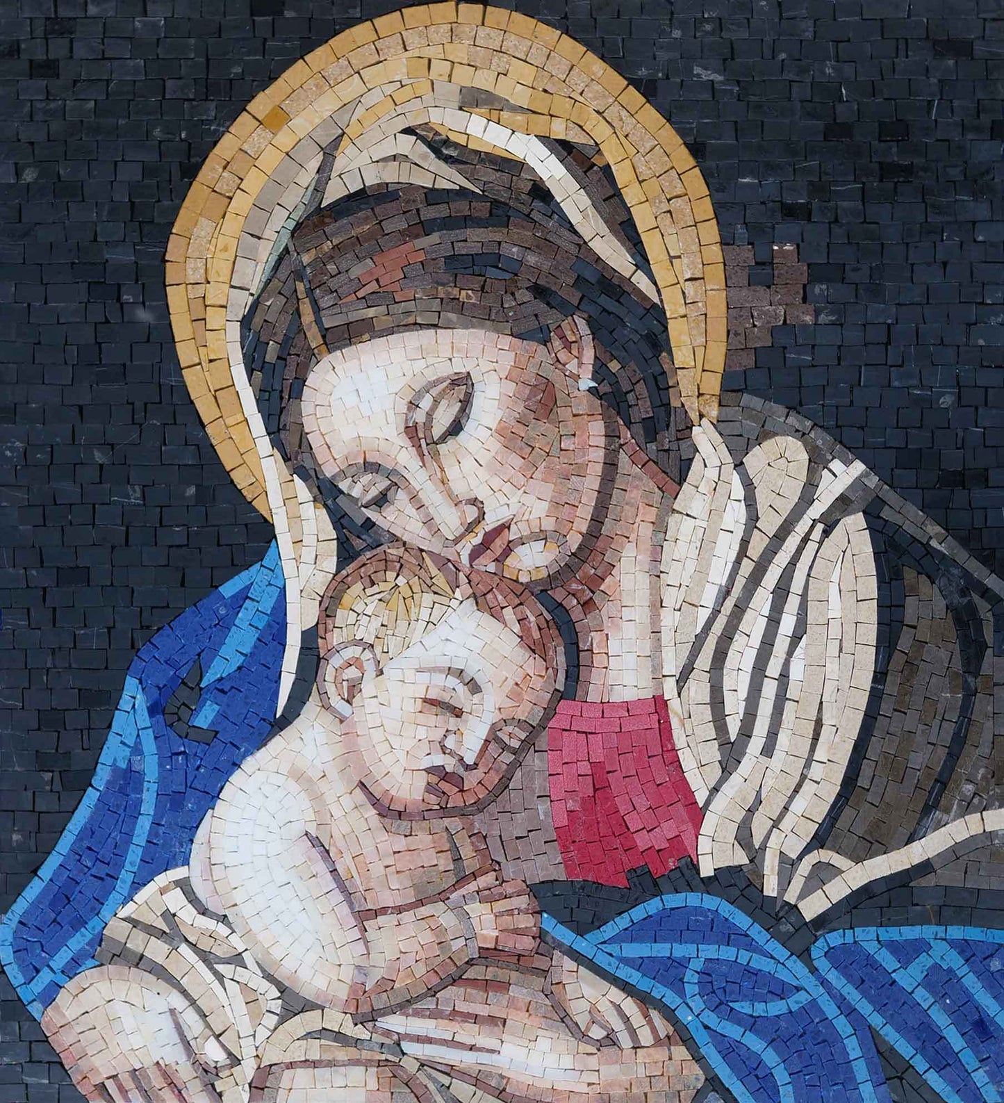 Madonna & Child Marble Mosaic – Sacred Religious Wall Art Stone Tile - Mesh Backing