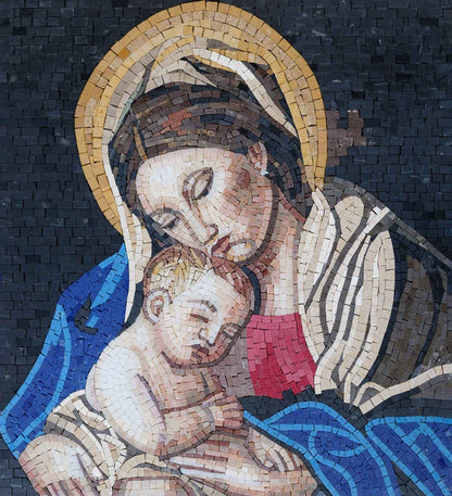 Madonna & Child Marble Mosaic – Sacred Religious Wall Art Stone Tile - Mesh Backing