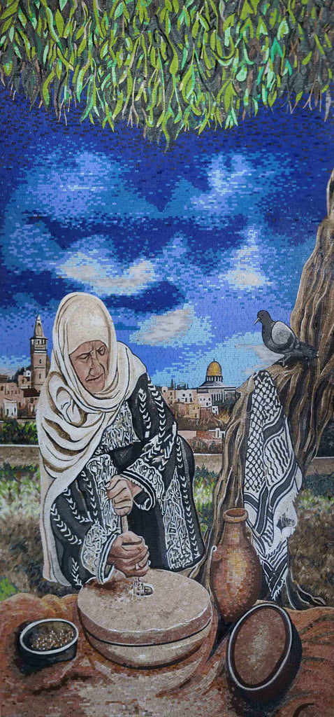 Arte em mosaico de mulher palestina Wael Rabee