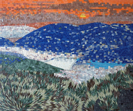 Sunset Mountain Landscape – Handmade Natural Marble Mosaic Wall Art - Mesh Backing