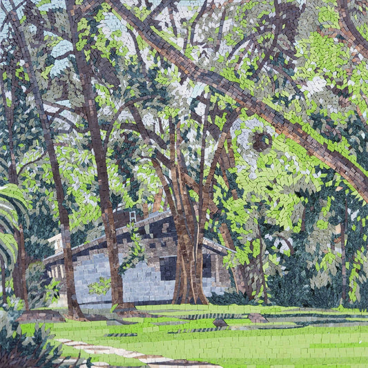 Lush Forest & Hidden House – Handmade Natural Marble Mosaic Wall Art - Mesh Backing