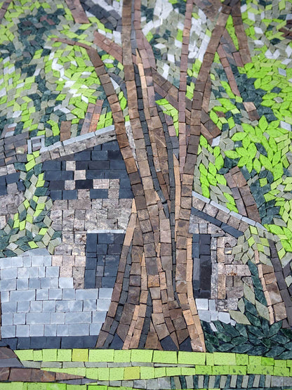 Lush Forest & Hidden House – Handmade Natural Marble Mosaic Wall Art - Mesh Backing