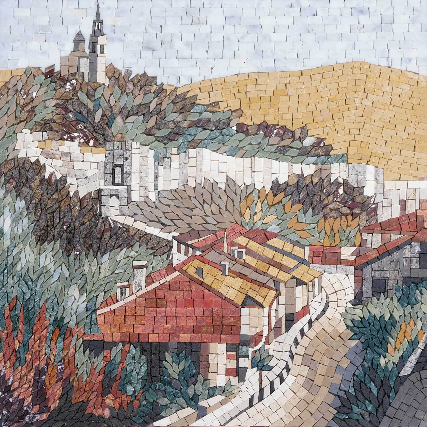 Mediterranean Village Hillside – Handmade Natural Marble Mosaic Wall Art - Mesh Backing
