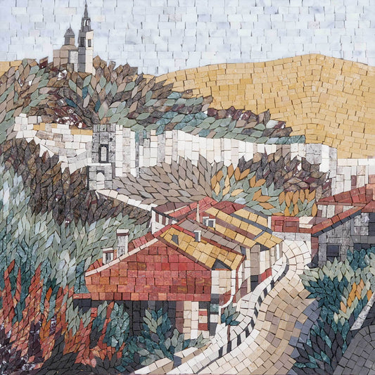 Mediterranean Village Hillside – Handmade Natural Marble Mosaic Wall Art - Mesh Backing