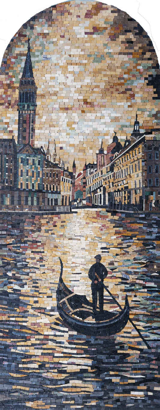 Venice Gondola Canal Scene – Handmade Natural Marble Mosaic Wall Art - Mesh Backing