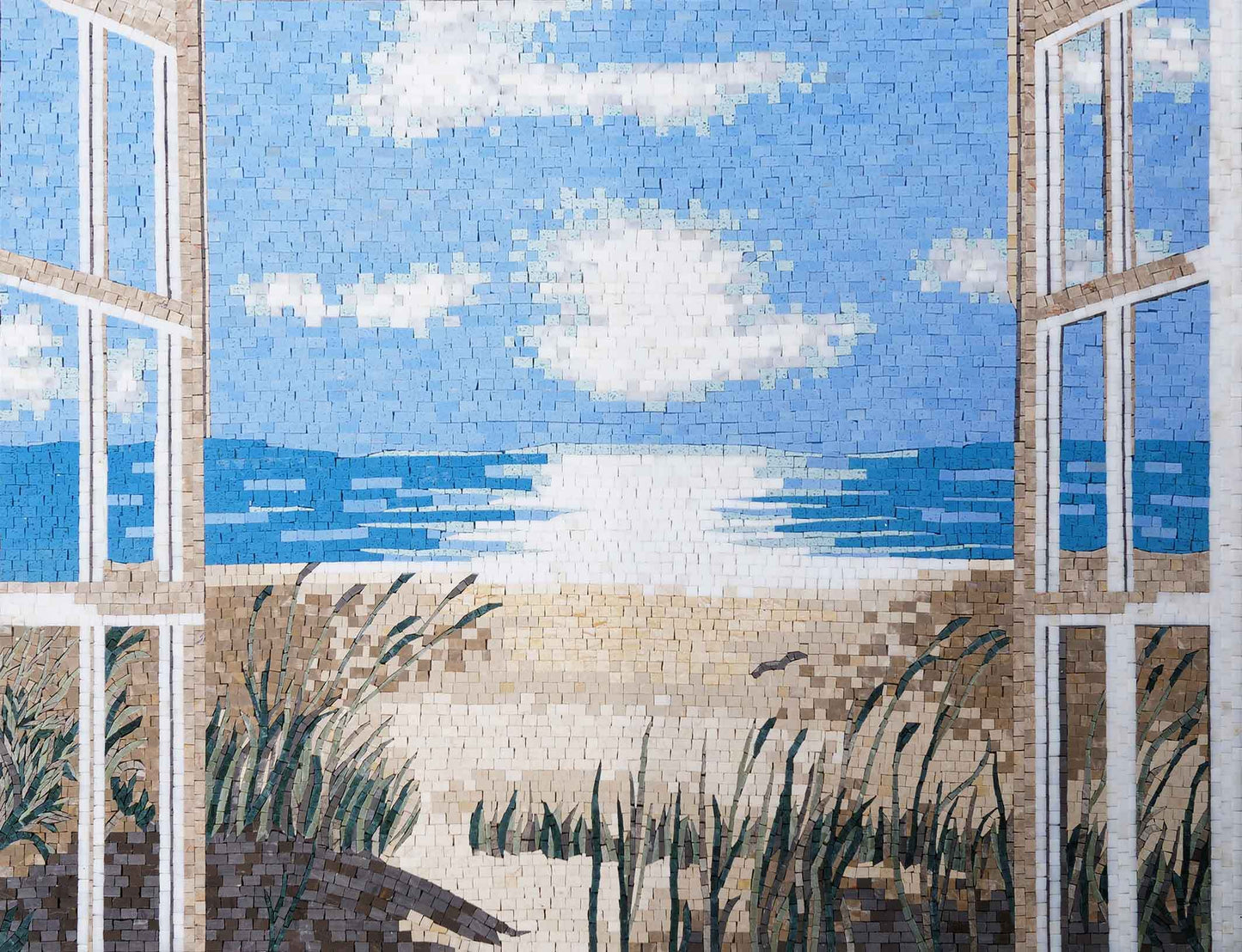 Mediterranean Seascape Tile Mural | Coastal Mosaic Wall Art - Mesh Backing