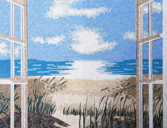 Mediterranean Seascape Tile Mural | Coastal Mosaic Wall Art - Mesh Backing