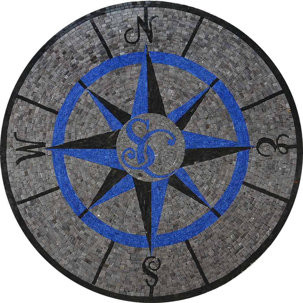 Nautical Compass Rose Monogram – Custom Marble Mosaic Rug - Mesh Backing
