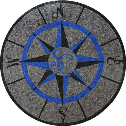 Nautical Compass Rose Monogram – Custom Marble Mosaic Rug - Mesh Backing