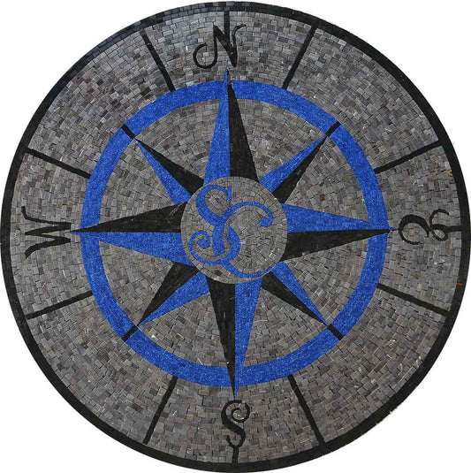 Nautical Compass Rose Monogram – Custom Marble Mosaic Rug - Mesh Backing