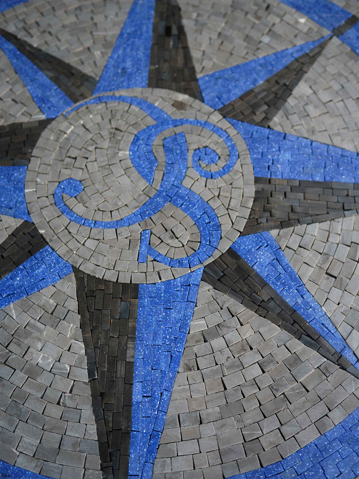 Nautical Compass Rose Monogram – Custom Marble Mosaic Rug - Mesh Backing
