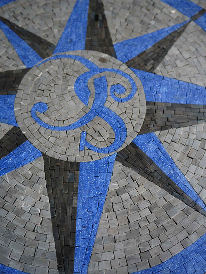 Nautical Compass Rose Monogram – Custom Marble Mosaic Rug - Mesh Backing