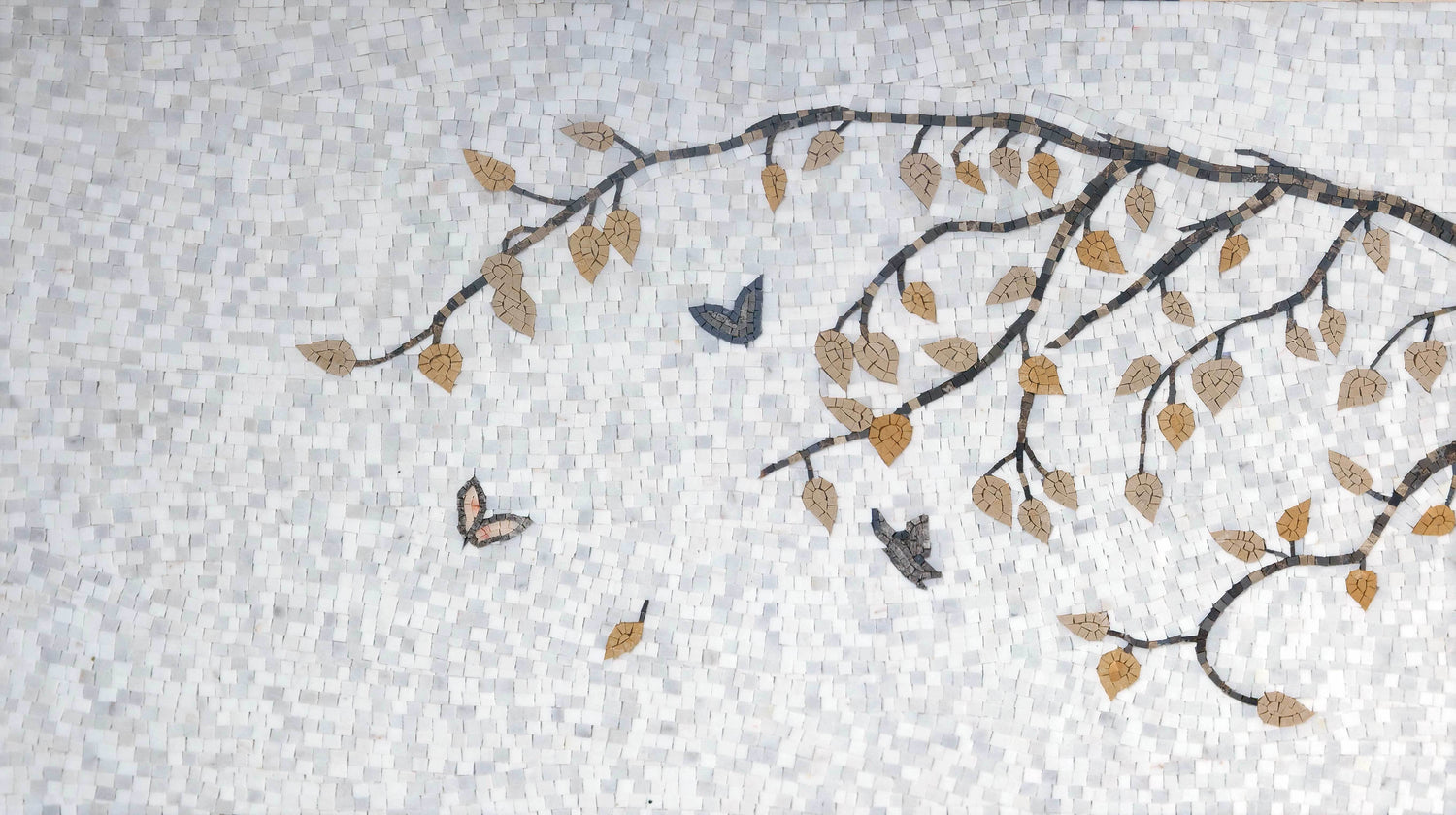 "Autumn Branch" Natural Stone Floral Mosaic Tile - Tree Branch and Butterfly Wall Art