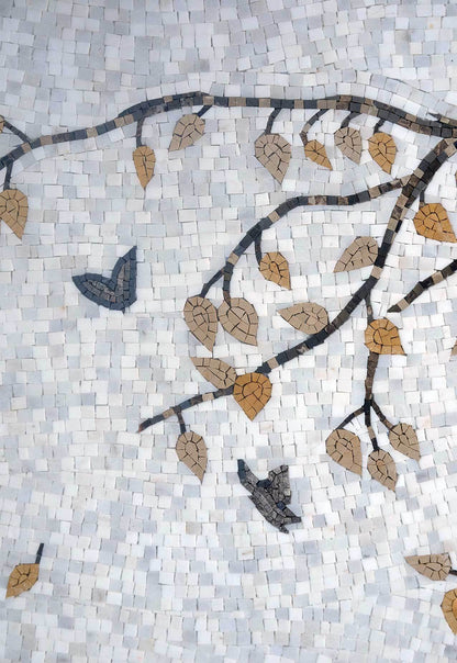 "Autumn Branch" Natural Stone Floral Mosaic Tile - Tree Branch and Butterfly Wall Art
