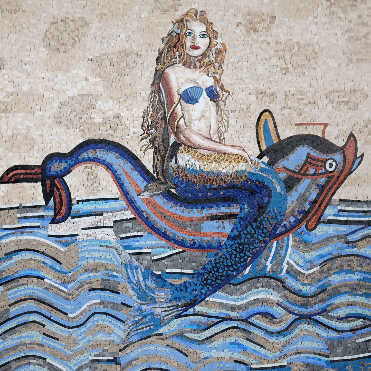 Detailed Mermaid Riding Dolphin Pool Mosaic Art - Figurative Natural Stone Mosaic Tiles