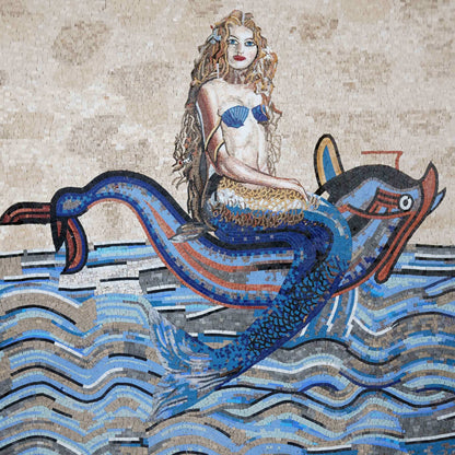 Detailed Mermaid Riding Dolphin Pool Mosaic Art - Figurative Natural Stone Mosaic Tiles