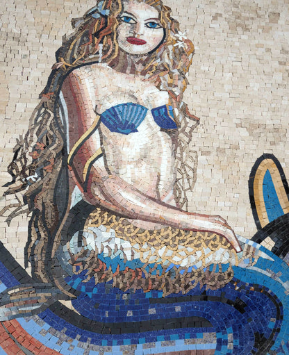 Detailed Mermaid Riding Dolphin Pool Mosaic Art - Figurative Natural Stone Mosaic Tiles