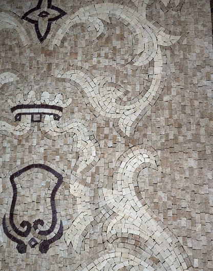 Classic Heraldic Mosaic Tile Rug - Baroque Coat of Arms and Fleur-de-Lis Natural Stone Floor Inlay