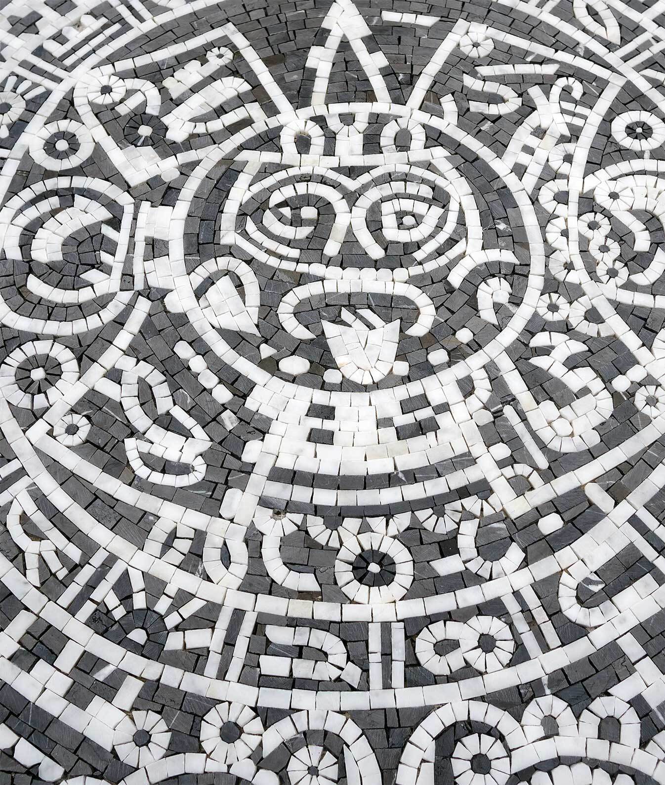 Black and White Aztec Calendar Stone Mosaic Art - Mayan Sunstone Design for Floor or Wall Mosaic Tiles