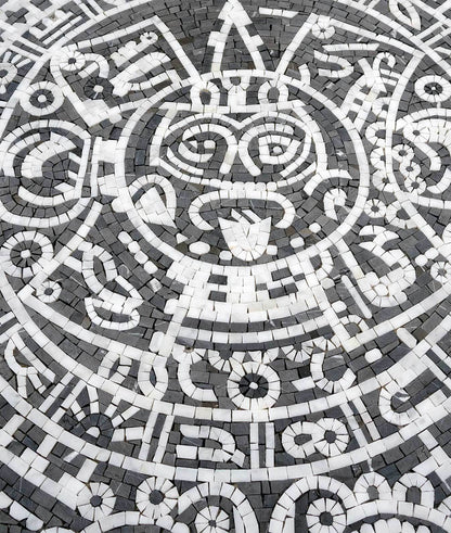 Black and White Aztec Calendar Stone Mosaic Art - Mayan Sunstone Design for Floor or Wall Mosaic Tiles