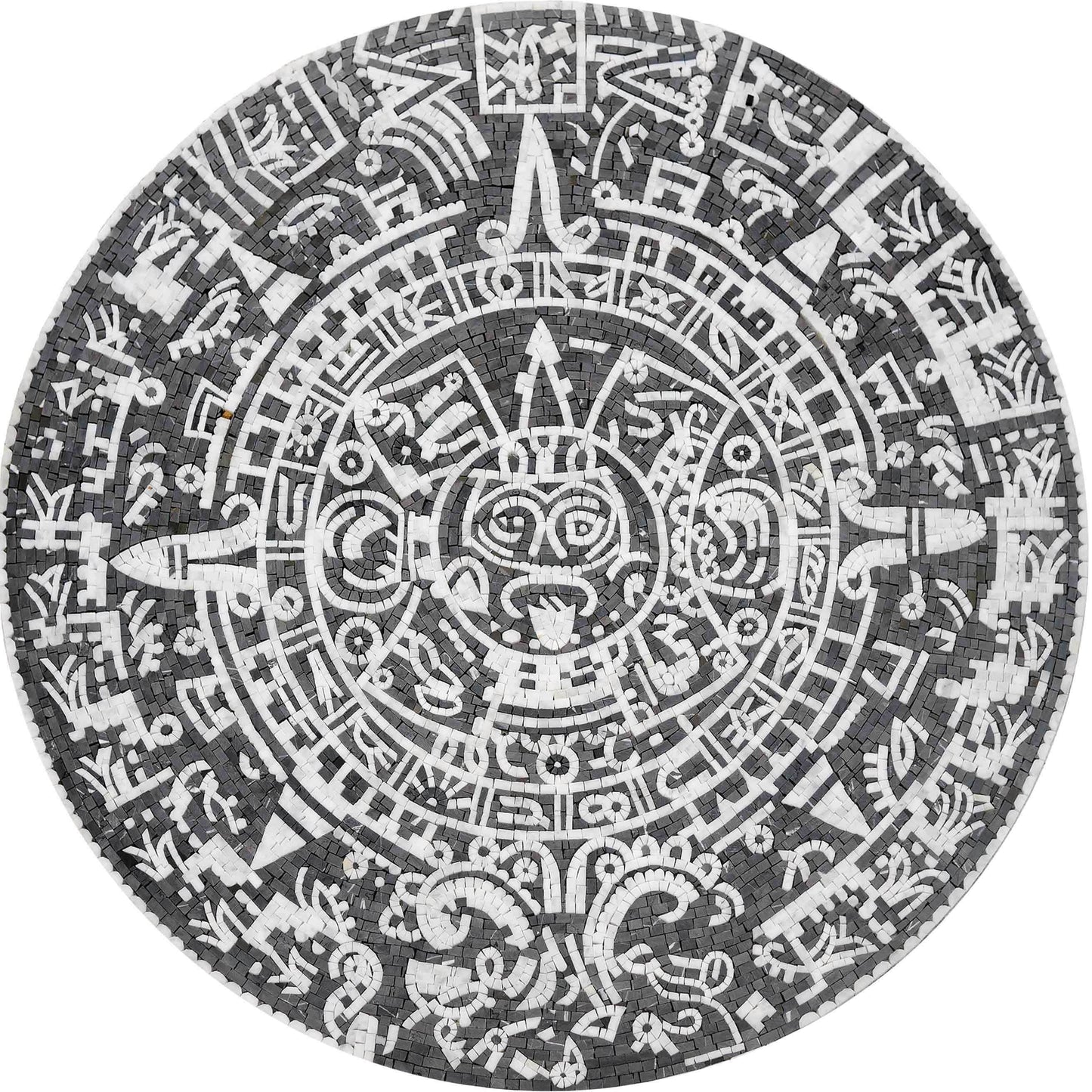 Black and White Aztec Calendar Stone Mosaic Art - Mayan Sunstone Design for Floor or Wall Mosaic Tiles