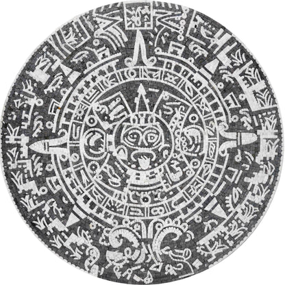 Black and White Aztec Calendar Stone Mosaic Art - Mayan Sunstone Design for Floor or Wall Mosaic Tiles