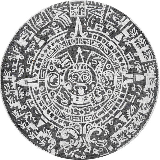 Black and White Aztec Calendar Stone Mosaic Art - Mayan Sunstone Design for Floor or Wall Mosaic Tiles