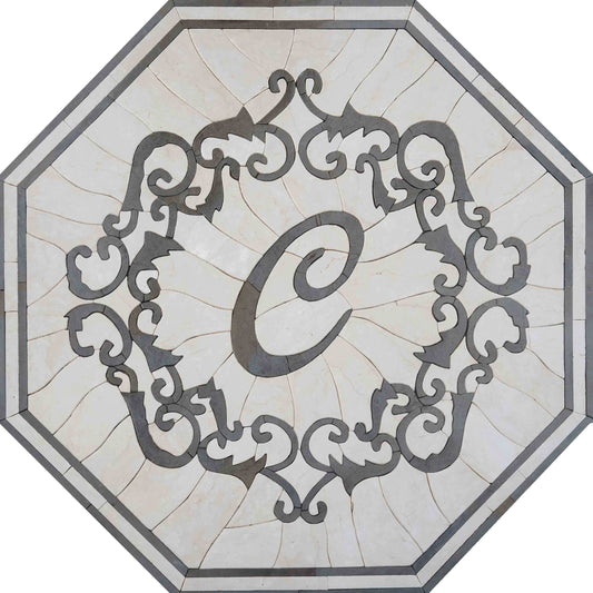 Monogram "C" Octagon Medallion – Scrollwork Marble Mosaic Rug - Mesh Backing