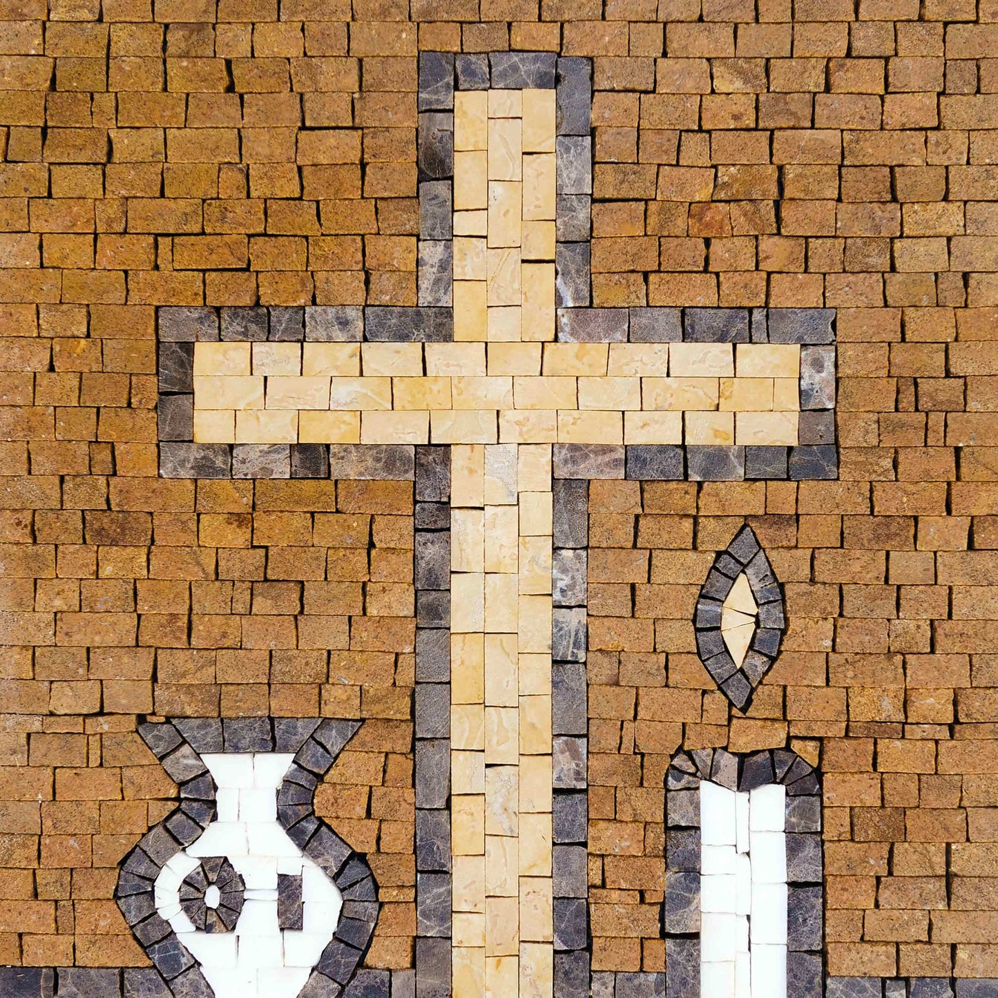 Religious Cross Mosaic Wall Art - Natural Stone and Marble Tiles with Candle and Urn Motif