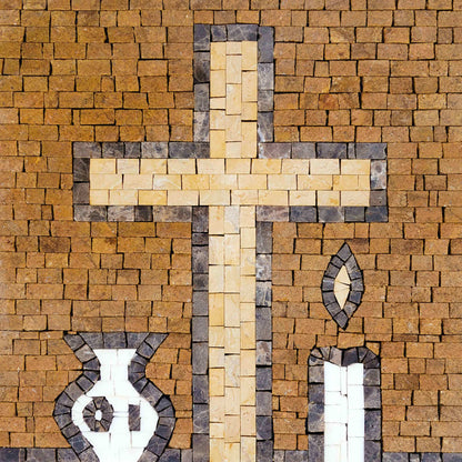 Religious Cross Mosaic Wall Art - Natural Stone and Marble Tiles with Candle and Urn Motif