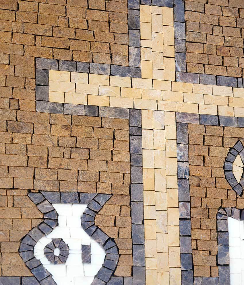 Religious Cross Mosaic Wall Art - Natural Stone and Marble Tiles with Candle and Urn Motif