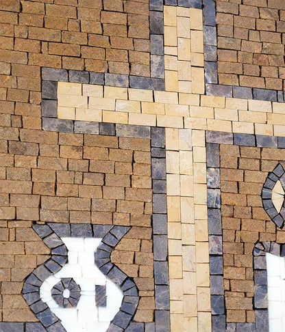 Religious Cross Mosaic Wall Art - Natural Stone and Marble Tiles with Candle and Urn Motif