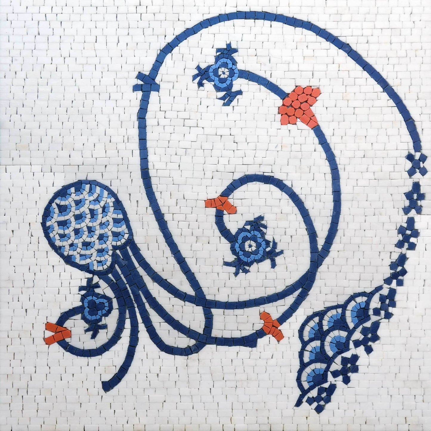Ottoman/Iznik Inspired Blue and White Floral Mosaic Tile Art - Swirling Design Wall Panel