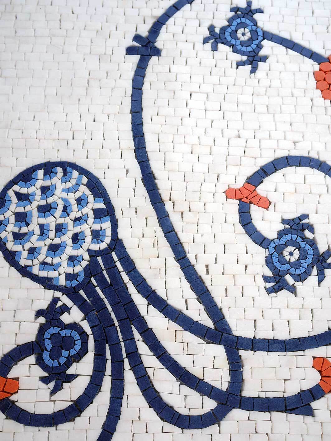 Ottoman/Iznik Inspired Blue and White Floral Mosaic Tile Art - Swirling Design Wall Panel