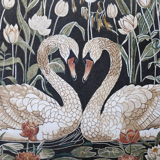Swans in Love – Bird & Lotus Marble Mosaic Tile Wall Art - Mesh Backing