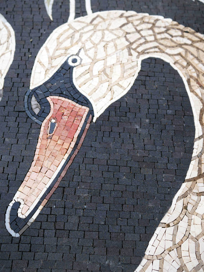 Swans in Love – Bird & Lotus Marble Mosaic Tile Wall Art - Mesh Backing