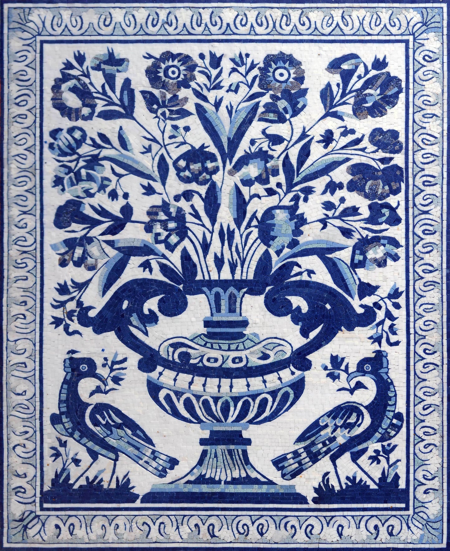 Handmade Natural Marble Blue & White Floral Vase Mosaic | Classic Delft Style Wall Art