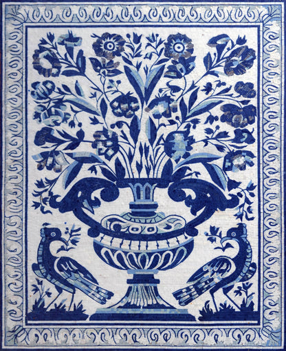 Handmade Natural Marble Blue & White Floral Vase Mosaic | Classic Delft Style Wall Art