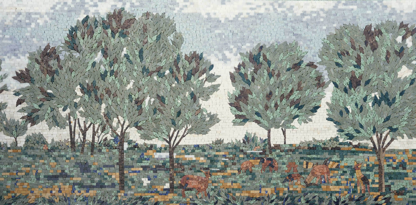 Handmade Natural Marble Woodland Landscape Mosaic Mural | Rustic Tree and Deer Scenery
