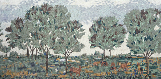 Handmade Natural Marble Woodland Landscape Mosaic Mural | Rustic Tree and Deer Scenery