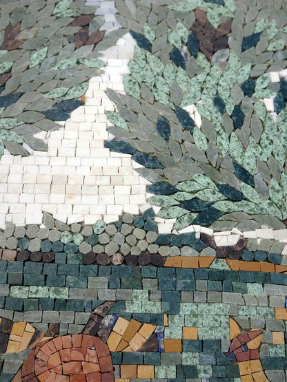 Handmade Natural Marble Woodland Landscape Mosaic Mural | Rustic Tree and Deer Scenery