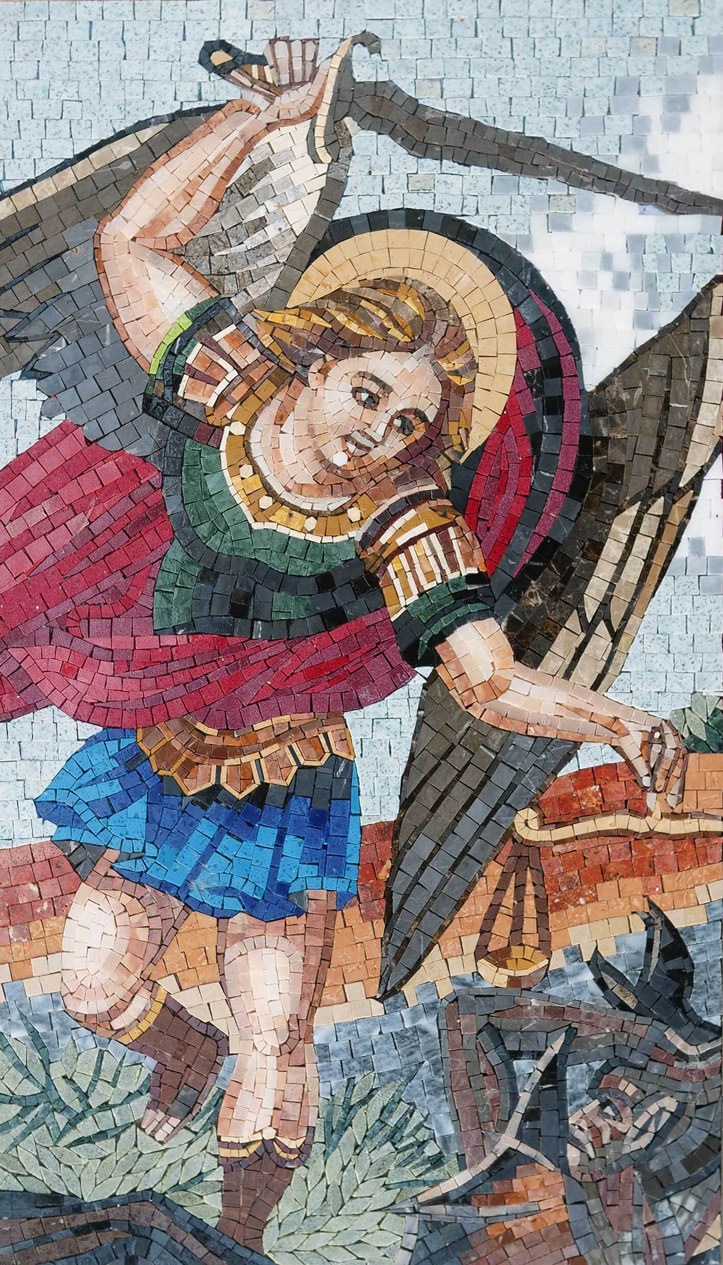 Handmade Natural Marble Saint Michael the Archangel Mosaic | Religious Battle Icon Wall Art