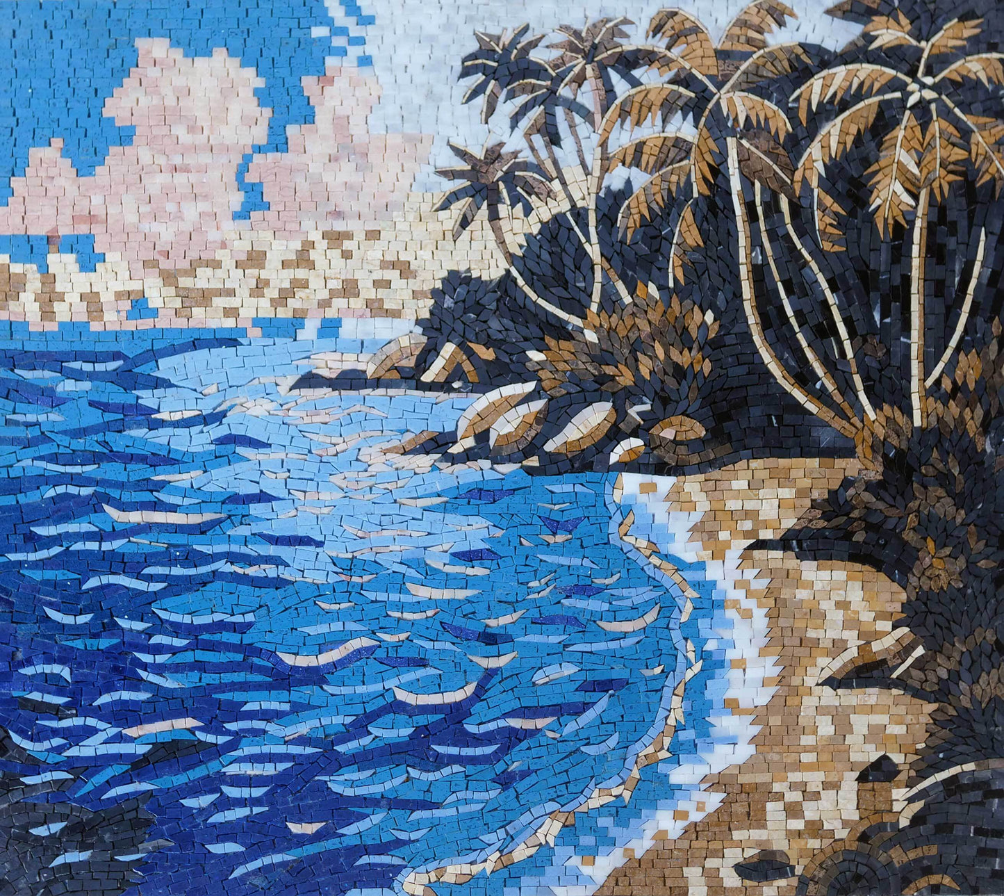 Handmade Natural Marble Beach Seascape Mosaic Art | Tropical Palm Tree Wall Mural