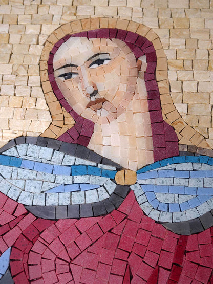 Handmade Natural Marble Virgin Mary Religious Figure Mosaic | Classic Icon Wall Art