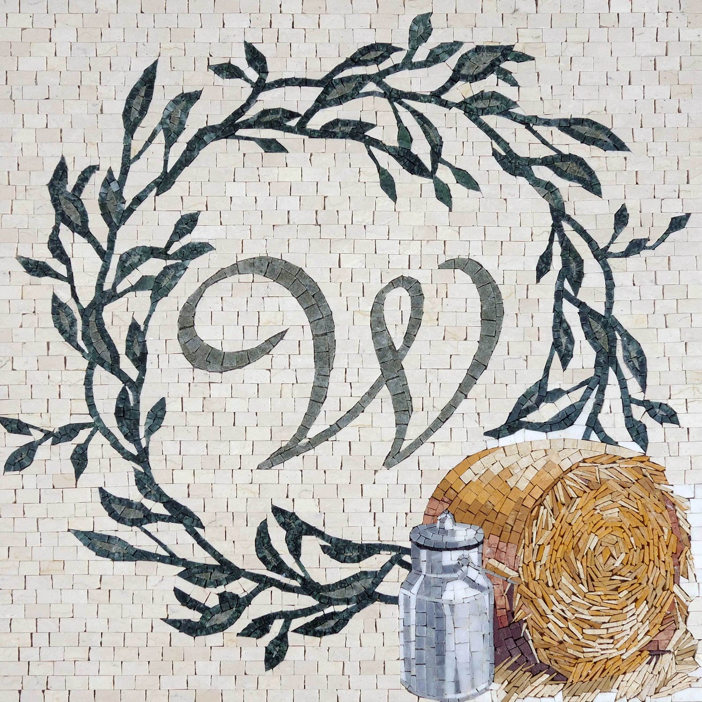 Handmade Natural Marble Monogram Wreath Mosaic | Rustic Farmhouse Initial Wall Art