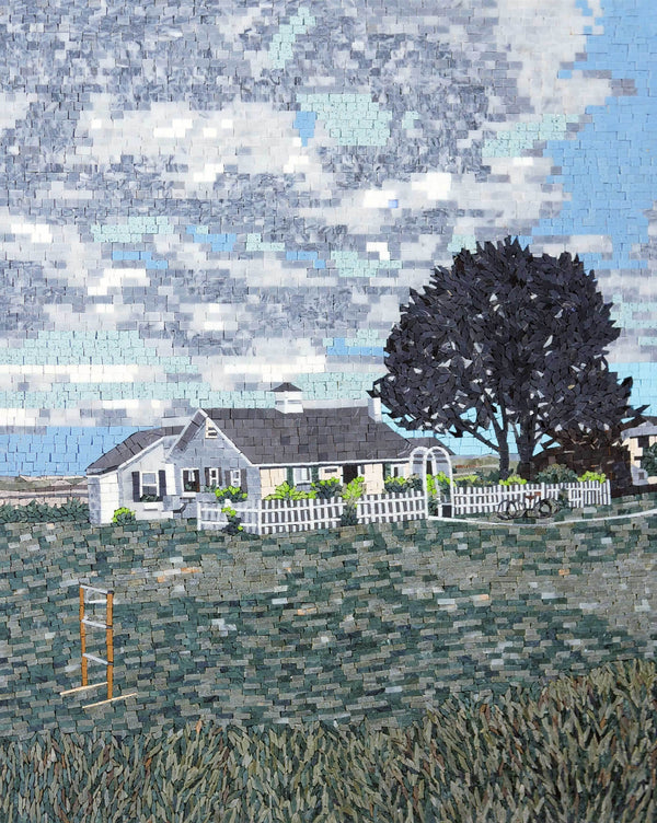 Cape Cod Cottage & Picket Fence – Coastal Scenery Marble Mosaic Wall Art - Mesh Backing