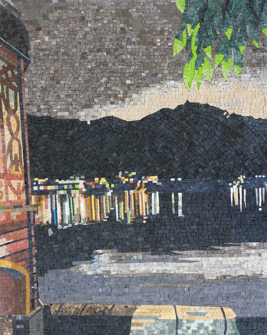 Handmade Natural Marble City Skyline at Night Mosaic | Reflection Seascape Wall Art